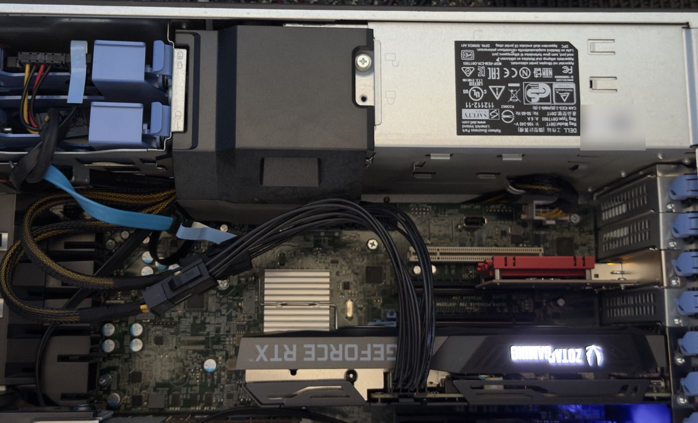 Inside the Dell tower: the power supply along the top with its regulatory label, and a bundle of black power leads running down into a ZOTAC GeForce RTX 3060 Ti.